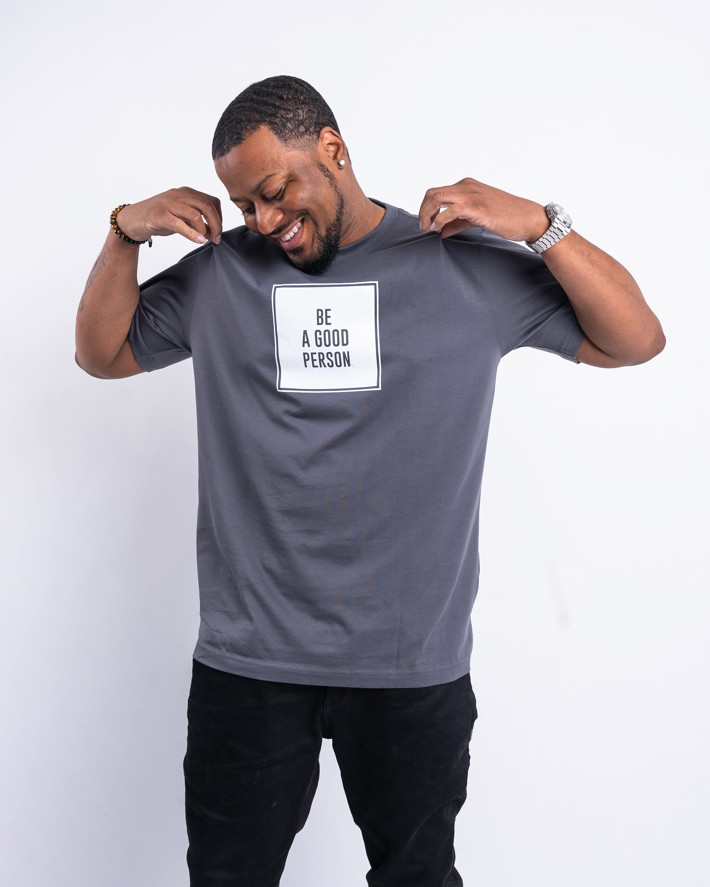 Box Logo T Shirt Slate Grey Be A Good Person